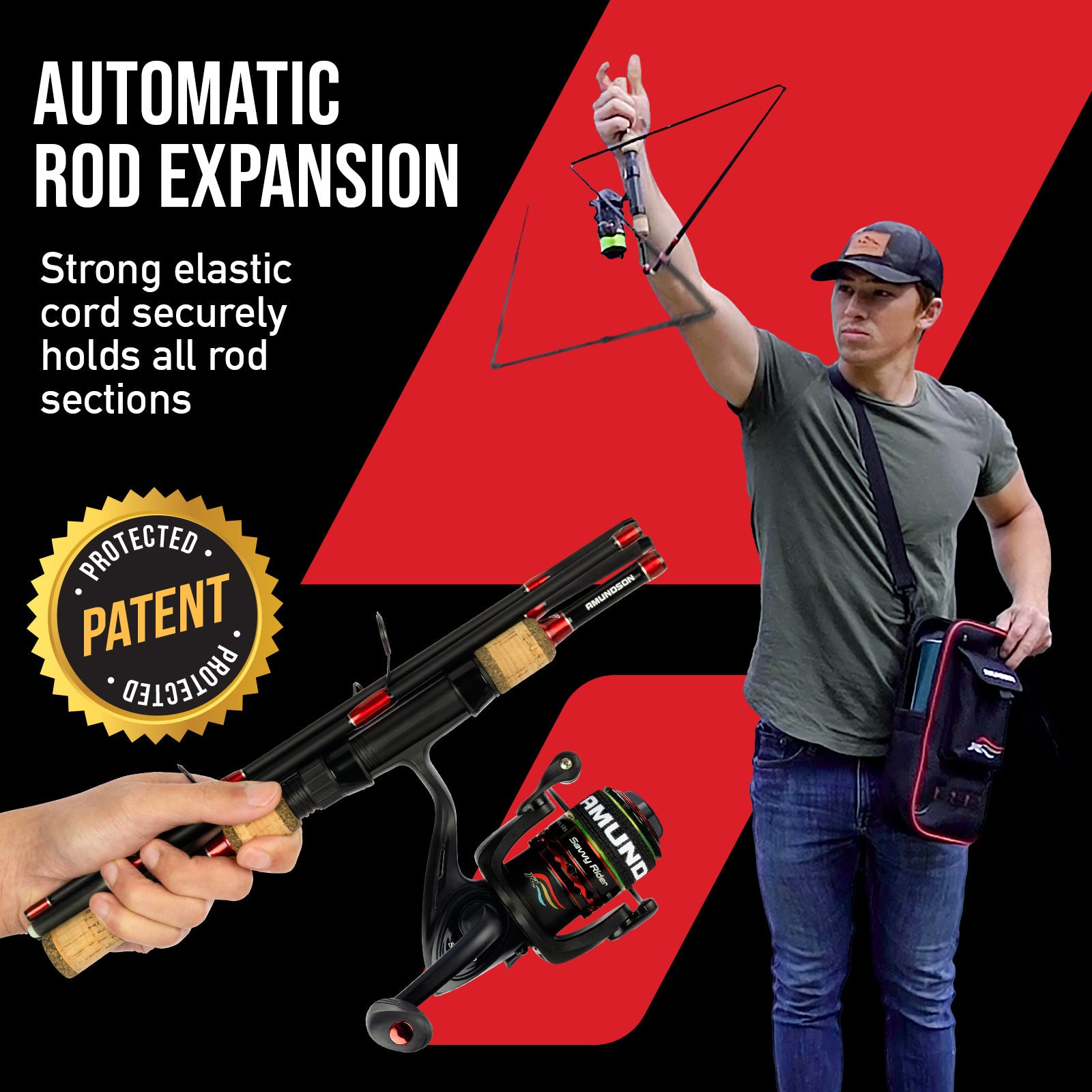 Amundson Savvy Rider Fishing Rod and Reel Combo Automatic Expansion Graphite Carbon Rod Aluminum Spool Reel Portable Travel Camping Kit All Season